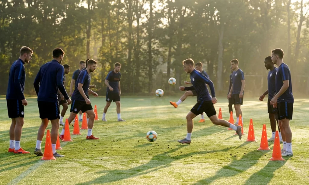 Футболисты отрабатывают технику владения мячом на утренней тренировке перед игрой, доступной для ставок в 1xBet