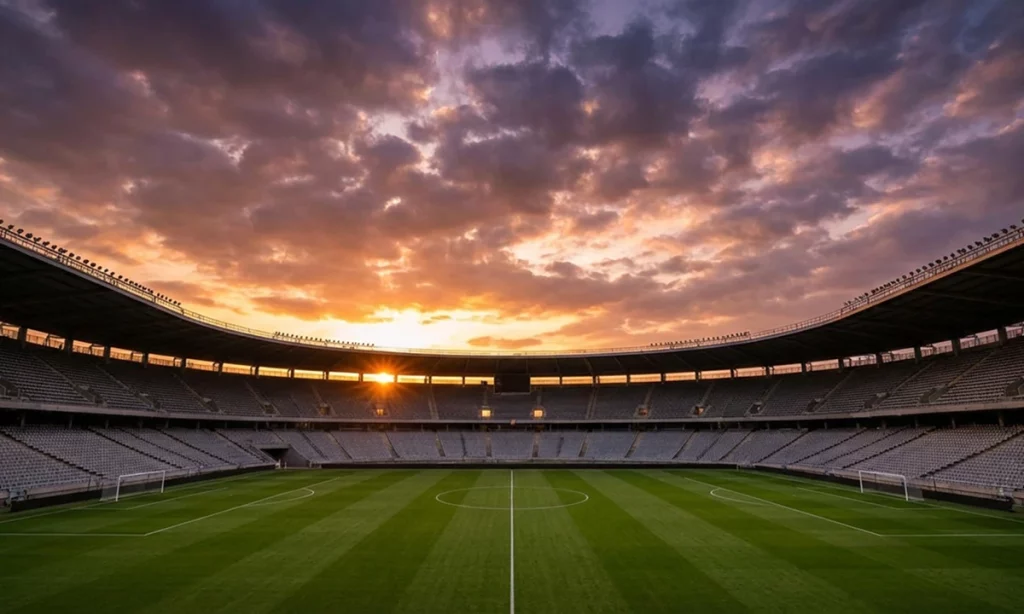 Пустой футбольный стадион в лучах заката, где скоро начнутся игры с высокими коэффициентами от 1xBet