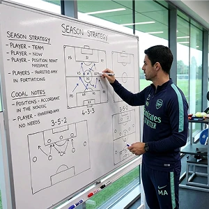Тренер разбирает футбольную тактику на доске рядом с логотипом 1xBet для анализа предстоящего матча