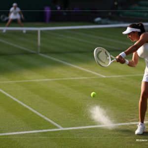 Dynamic, photo-real action on a grass court with two anonymous women’s tennis players in