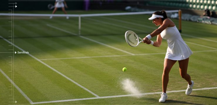 Dynamic, photo-real action on a grass court with two anonymous women’s tennis players in