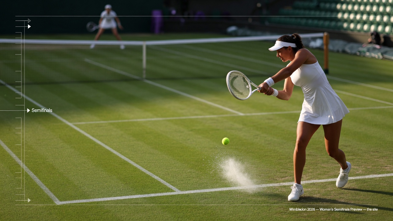 Dynamic, photo-real action on a grass court with two anonymous women’s tennis players in